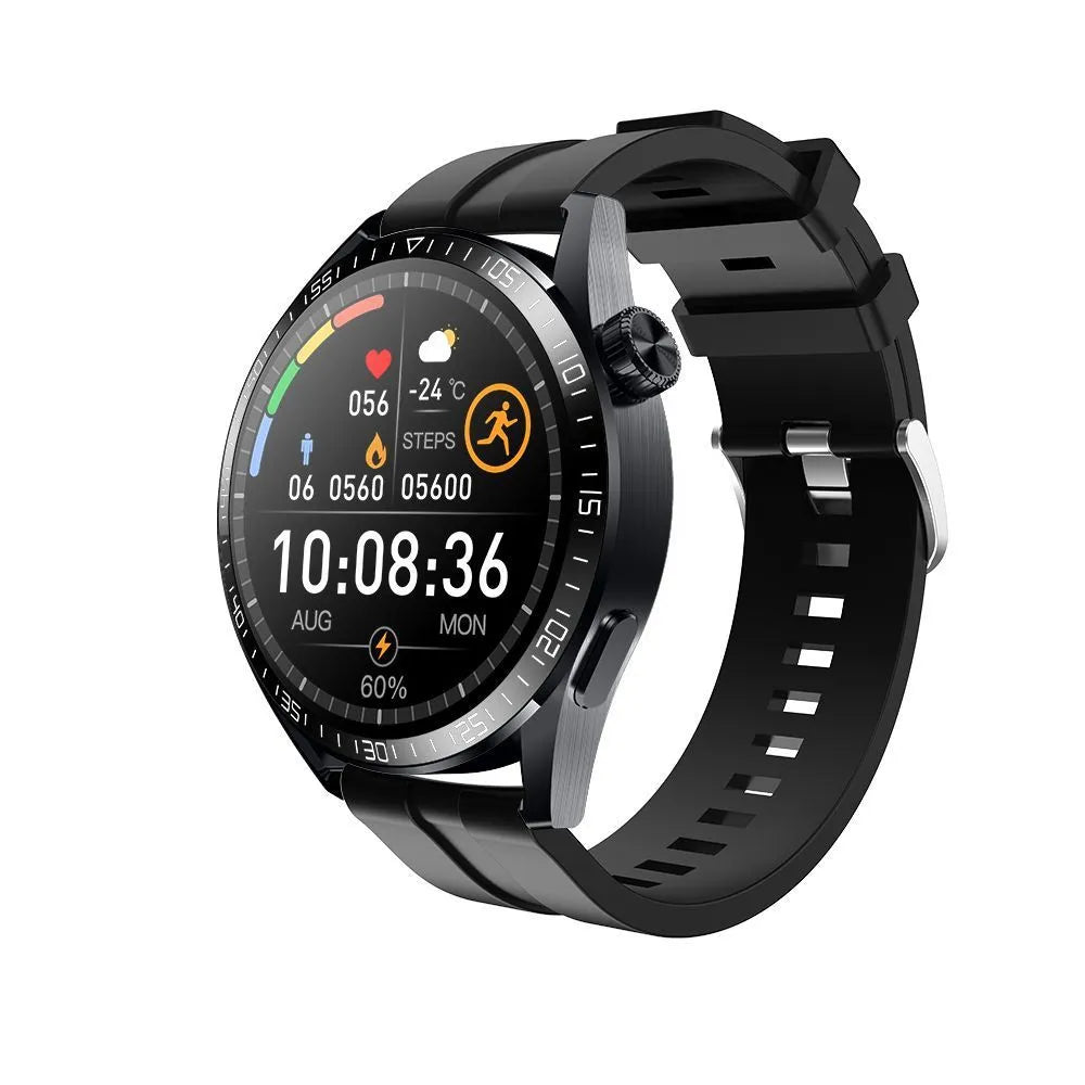GS3 Max black smartwatch with IPS screen on a silicone strap, showing health stats interface.