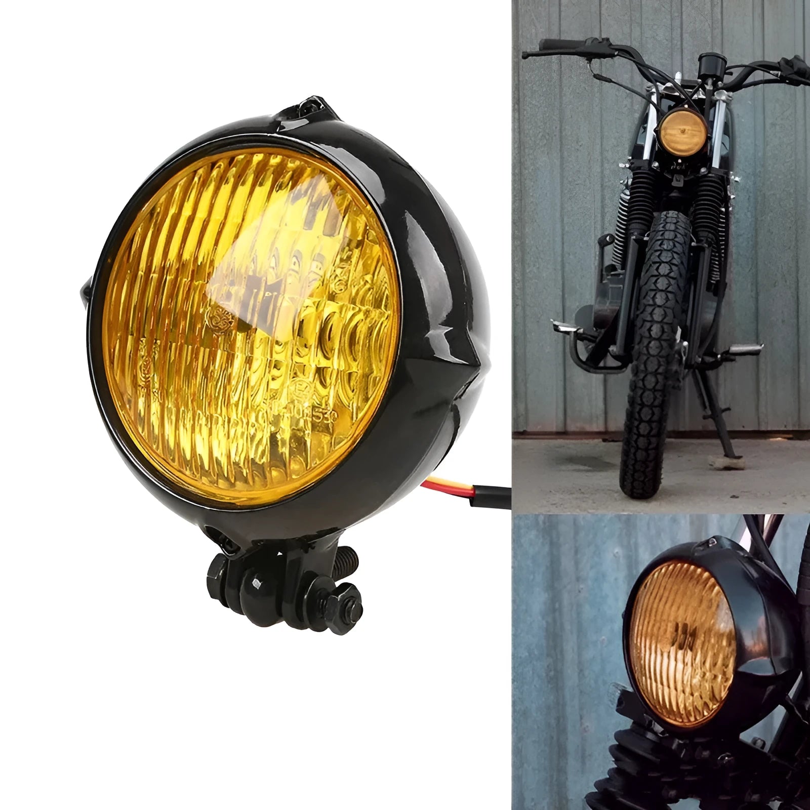 Black electroplated retro halogen headlight with 8cm diameter glass on a cast aluminium housing.
