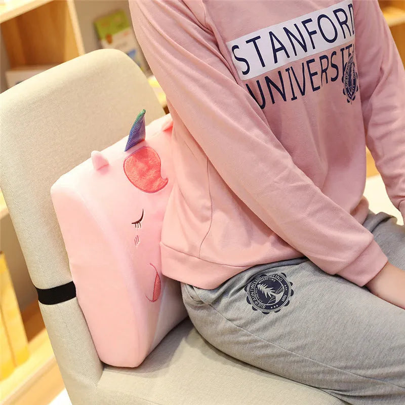 Cartoon embroidered memory foam car cushion with removable inner core in pink unicorn design