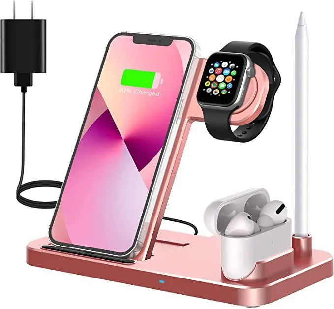 Folding 4-in-1 wireless charger in space grey colour showing vertical phone charging and Apple Pen slot