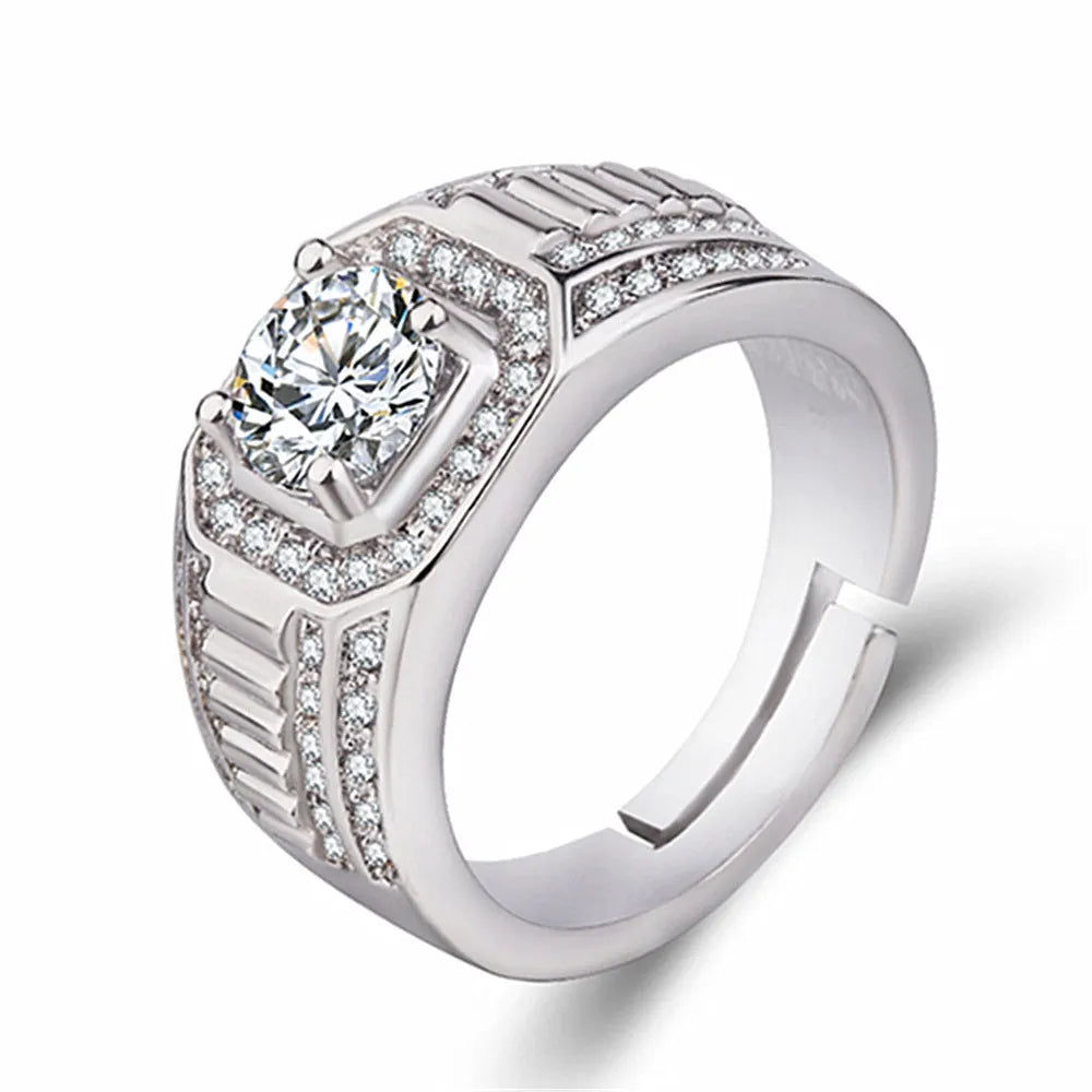 Adjustable men's ring with large square diamond design in gold and platinum colour options