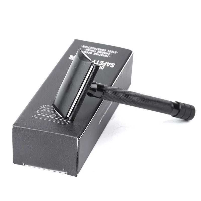 Traditional manual shaving razor with metal scraper and brush in black or silver finish