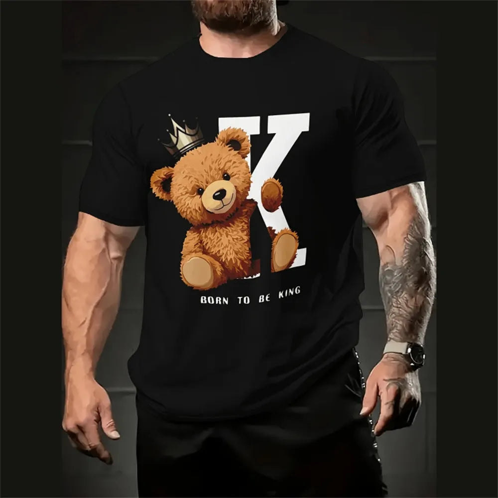 Men's loose fit casual t-shirt with 3D cartoon graphic print in milk silk linen fabric