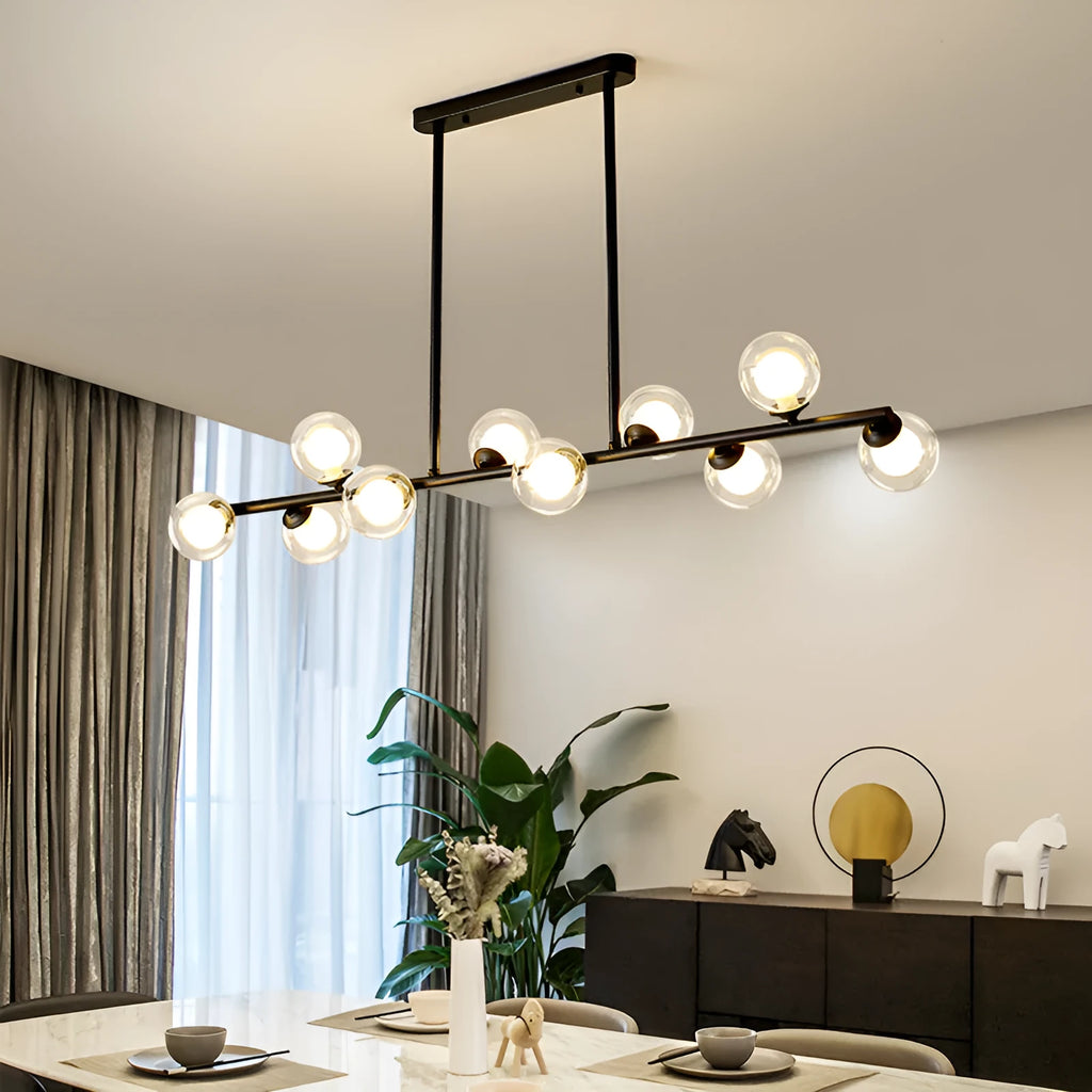 Modern Nordic glass bubble chandelier with iron frame, black finish, clear glass shades, 8 arms, warm light