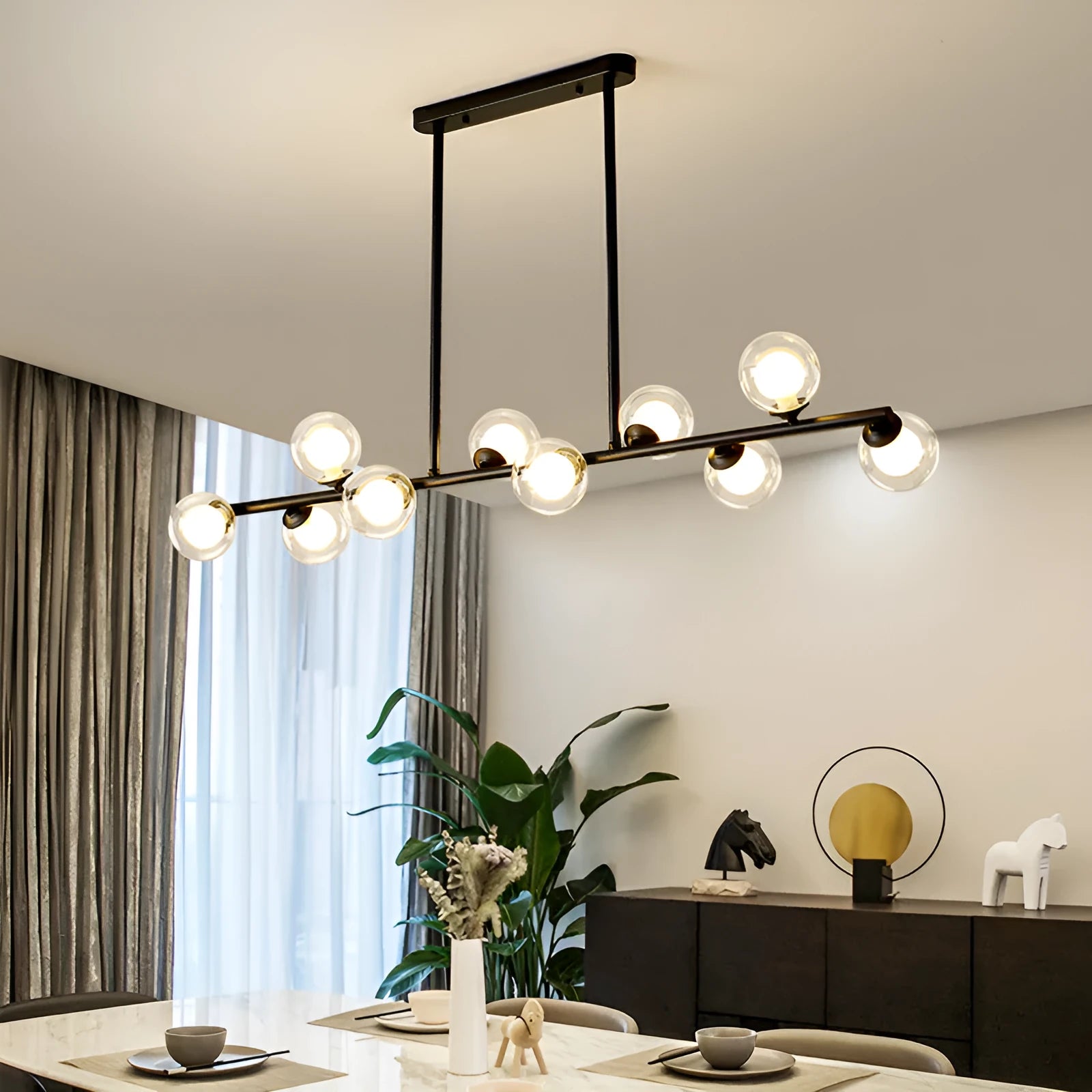 Modern Nordic glass bubble chandelier with iron frame, black finish, clear glass shades, 8 arms, warm light