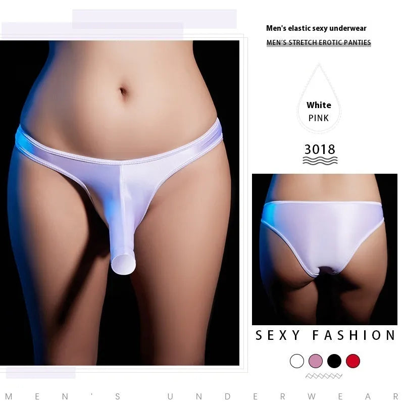 Men's low waist T-back underwear in shiny nylon fabric showing colour options