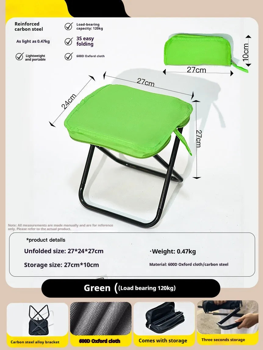 Outdoor folding camp stool in khaki colour with crossbody carry bag, shown in folded and unfolded states.