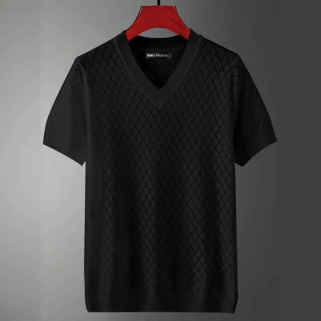 Men's black and white ice silk short sleeve t-shirt showing V-neck and round neck styles on hanger.