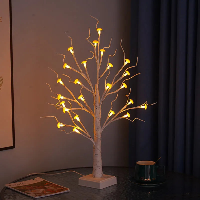 60cm tall LED mushroom tree lamp with 24 detachable plastic flowers and birch-like branches