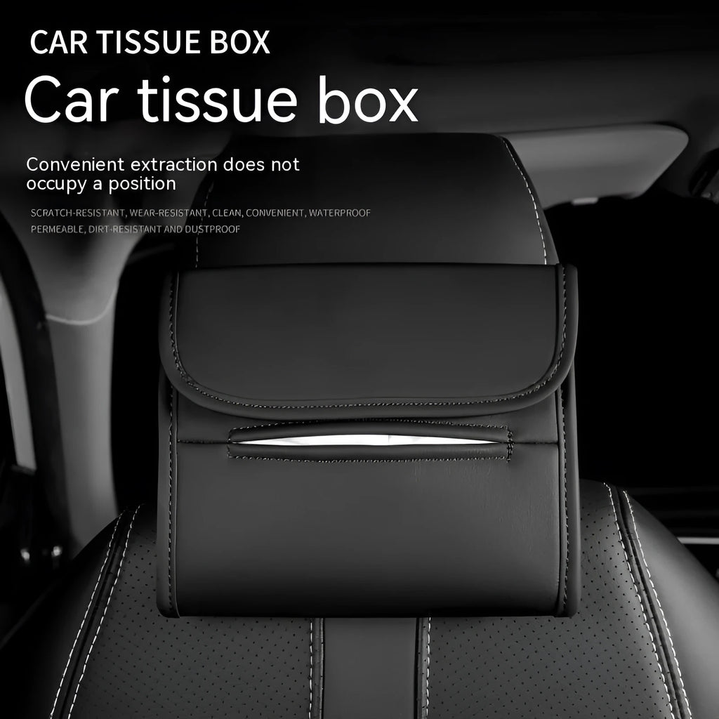 Leather car tissue box holder mounted on vehicle sun visor with elastic band