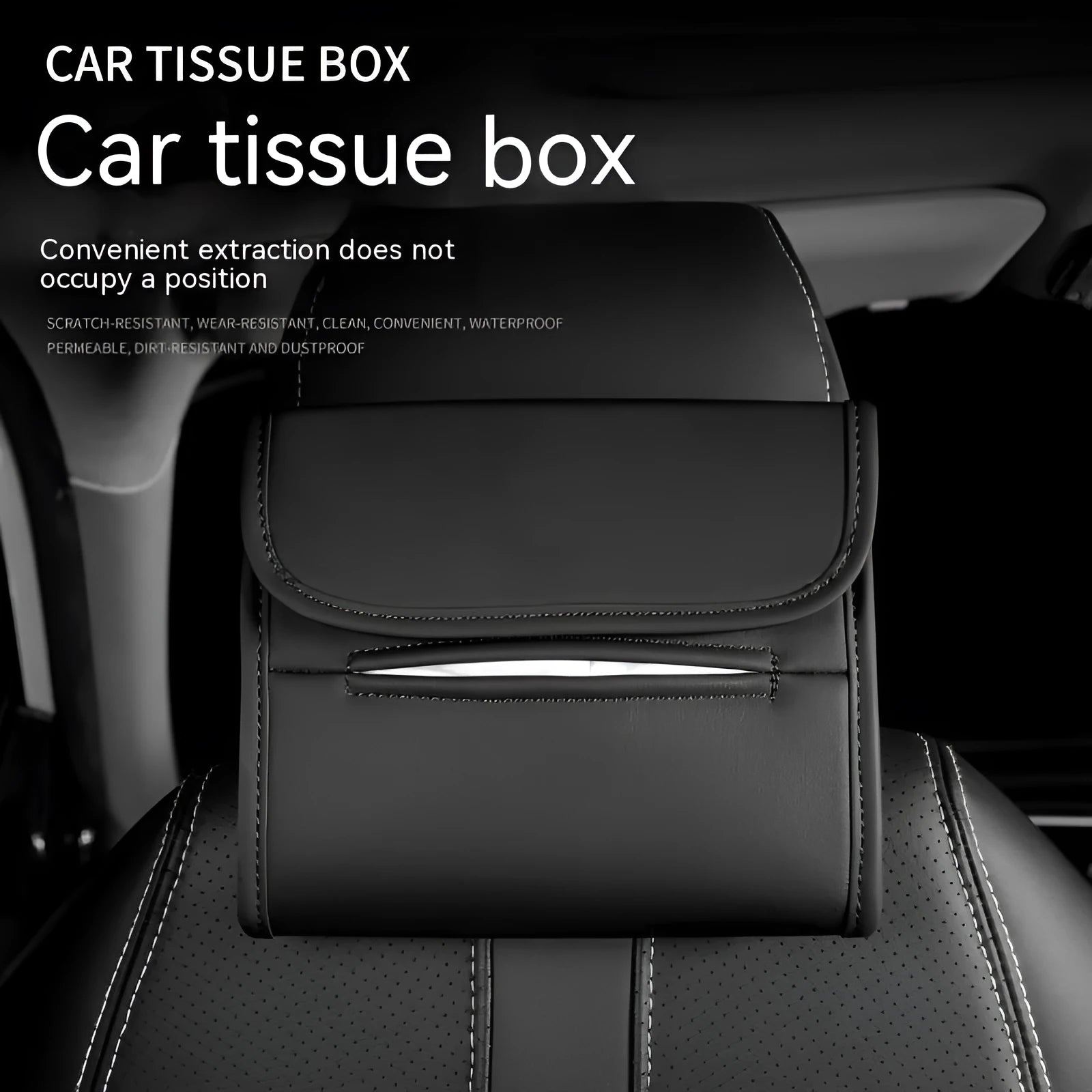 Leather car tissue box holder mounted on vehicle sun visor with elastic band
