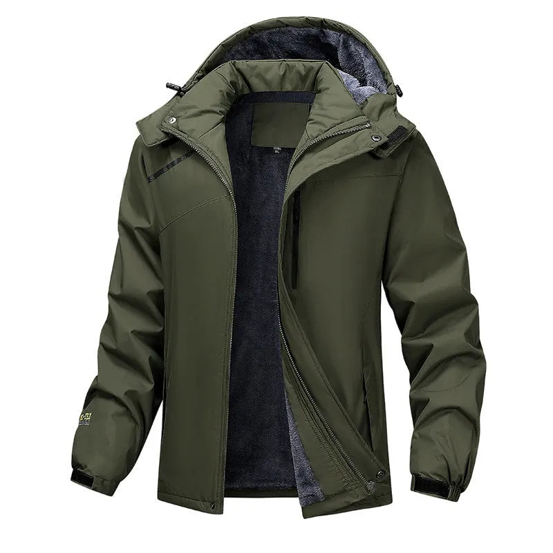 Plus-size men's hooded waterproof coat in Army Green colour showing loose fit and functional design.
