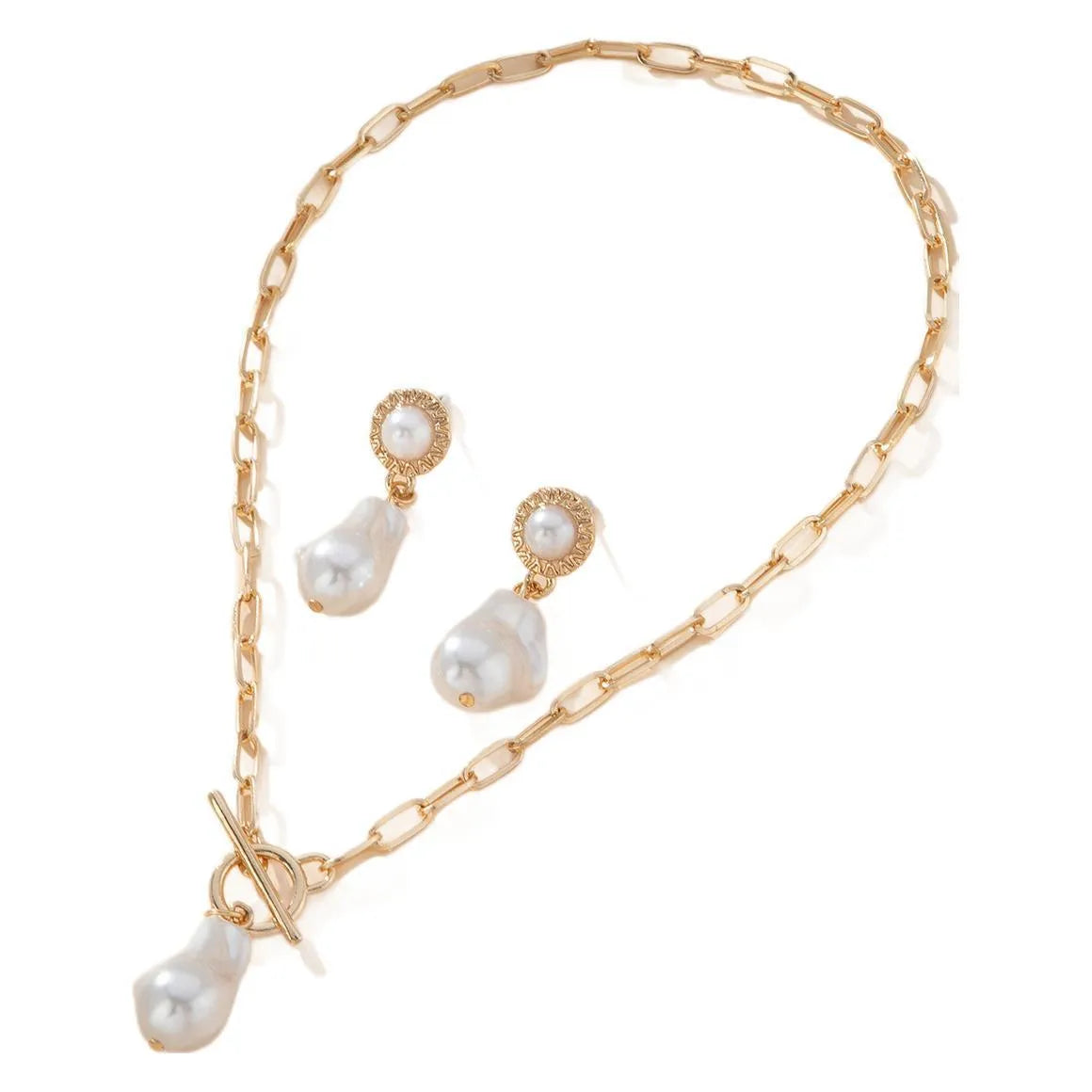 Gold colour retro baroque pearl pendant necklace and matching ear stud set for women