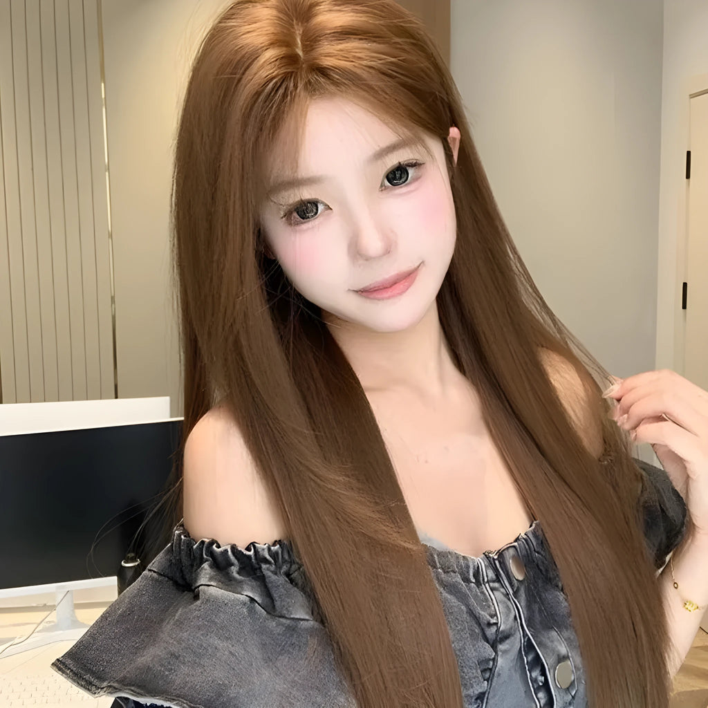 Warm brown long straight synthetic lace front wig with a centre part and side-swept bangs.