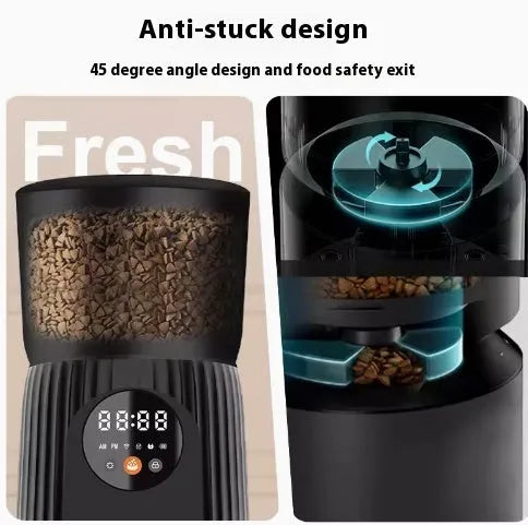 Black automatic pet feeder with digital display and food container for dogs and cats