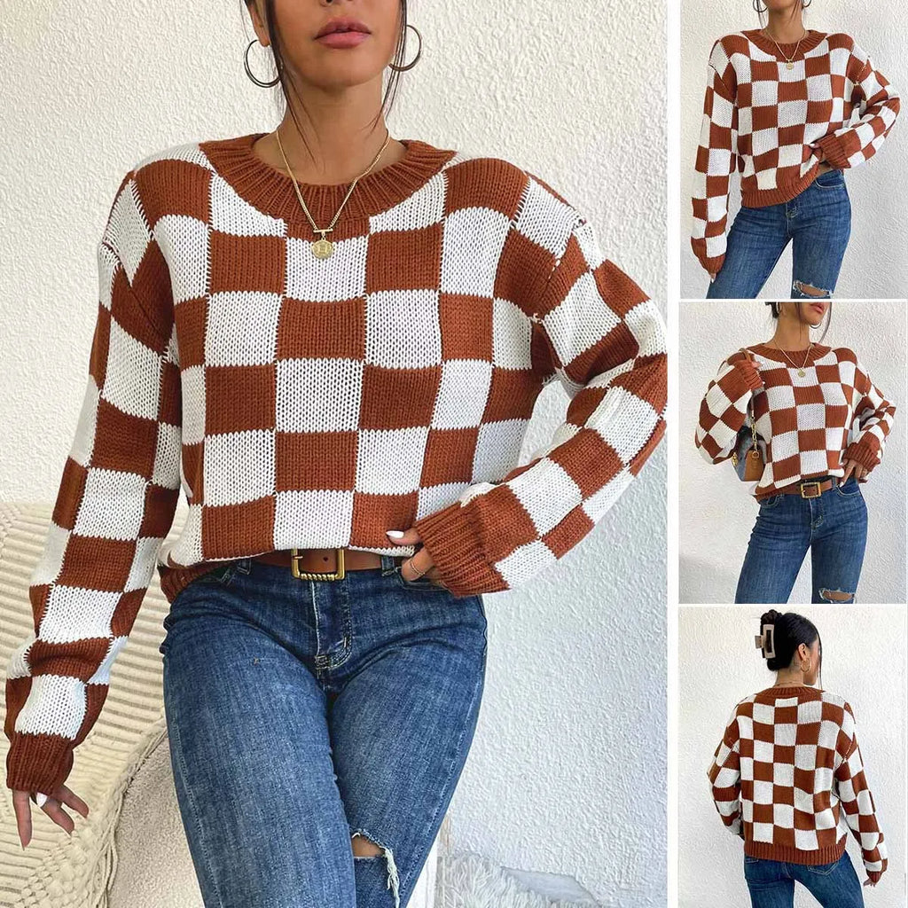 Dark brown plaid pattern acrylic pullover sweater with loose fit and long sleeves