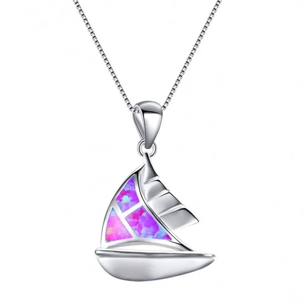 Fashion 5-color sailboat pendant necklace with opal pendant and alloy box chain, women's clavicle chain in blue