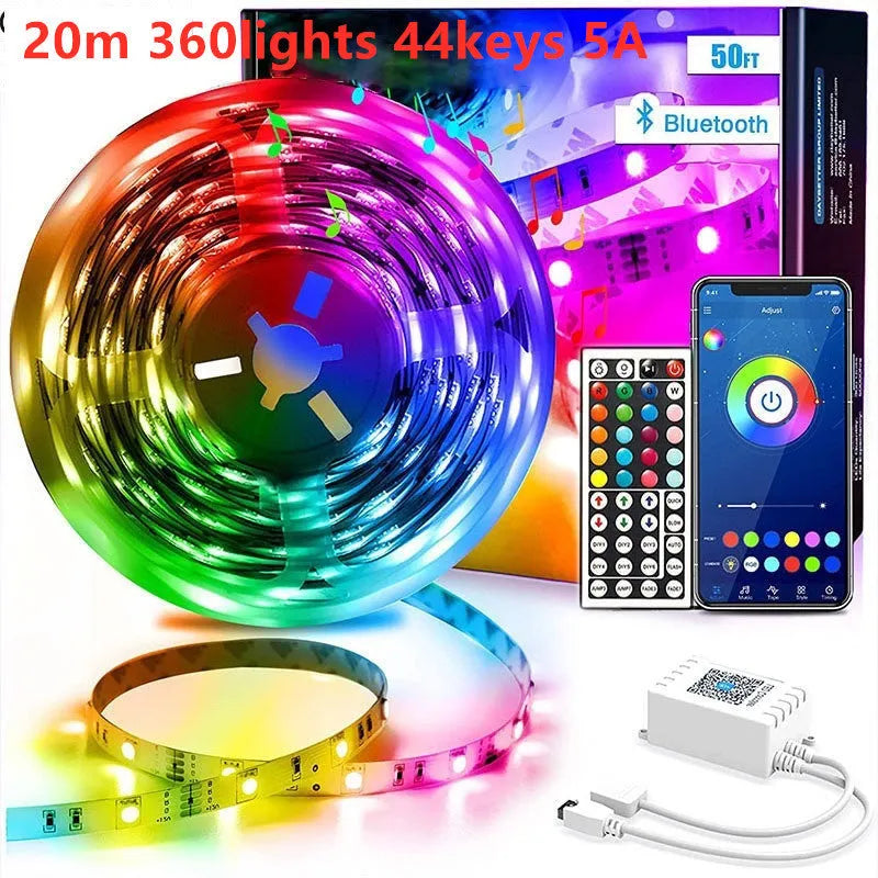 LED 5050 RGB light strip with Bluetooth remote control and power adapter on white background