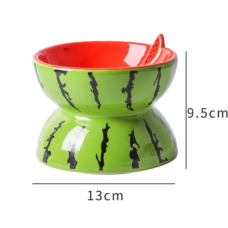 Ceramic elevated cat bowl with tilted design in orange, pitaya, or watermelon patterns