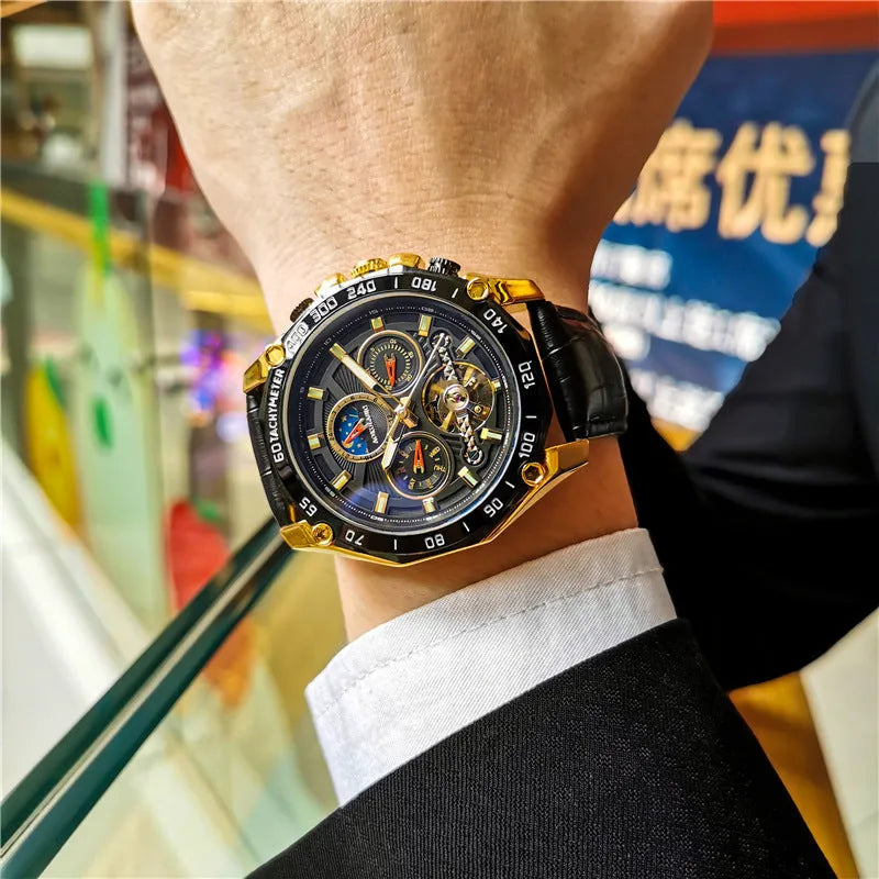 Men's automatic mechanical watch with silver case and black dial showing 12mm thickness