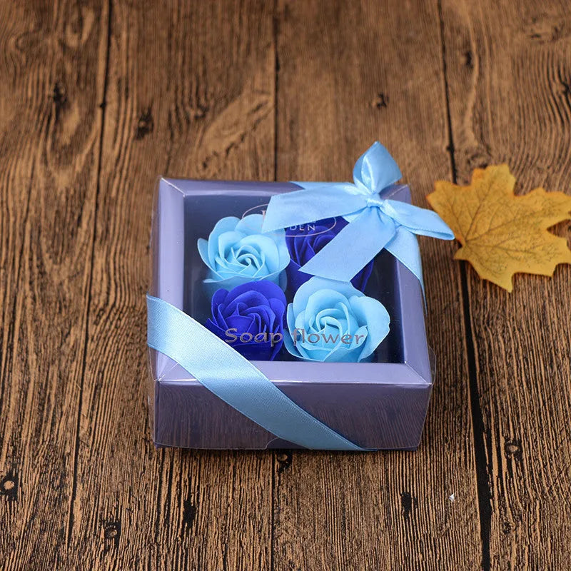 Soap flower gift box heart shaped tin box with bear figure red pink blue purple gradient handmade