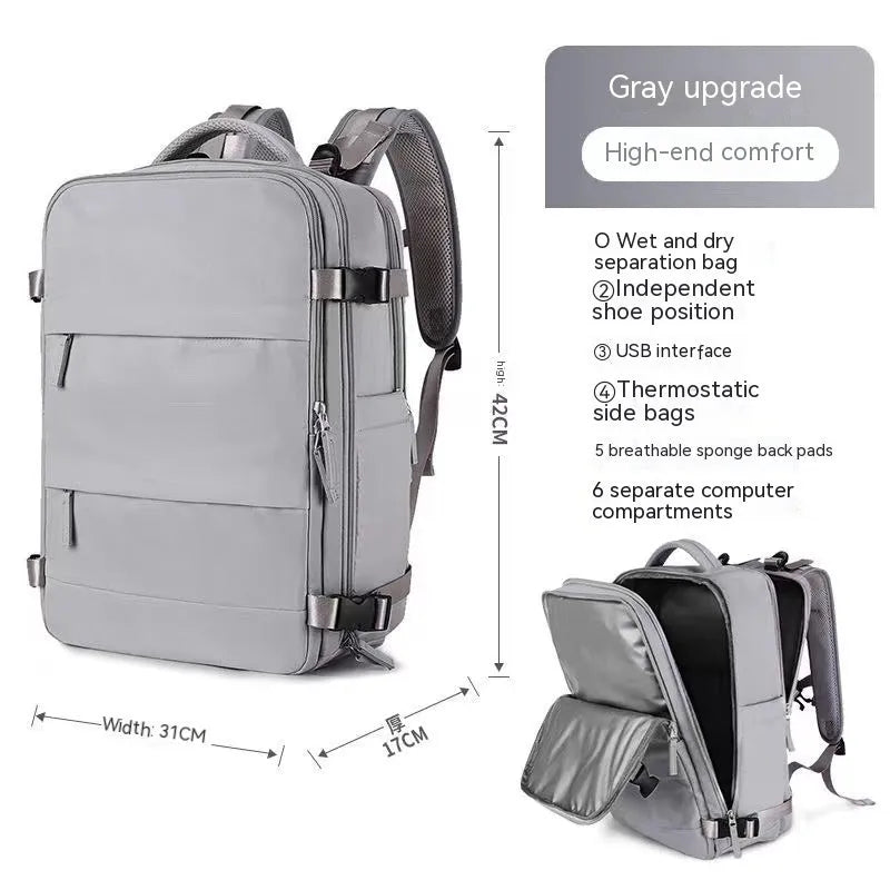 Large black nylon mummy-style travel backpack with a waterproof lining.