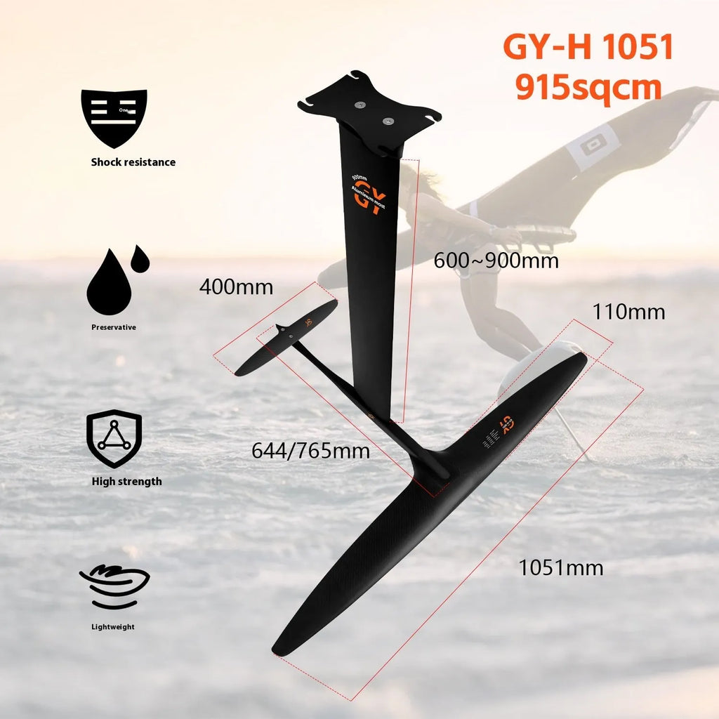 Black carbon fibre surfing hydrofoil with aluminium alloy components and 1051mm front wing