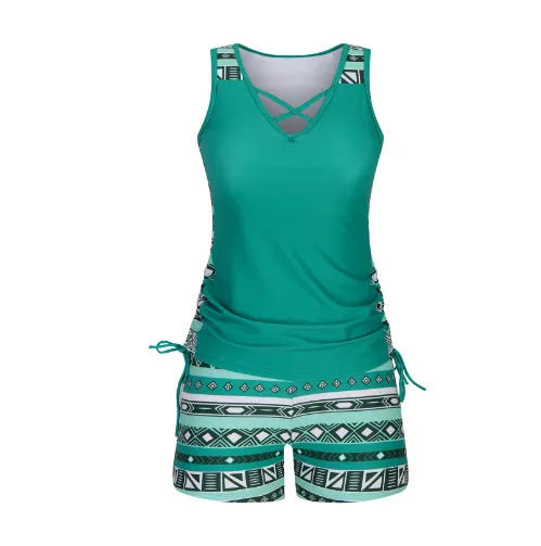 Women's printed lace two-piece swimsuit with floral pattern in blue colour