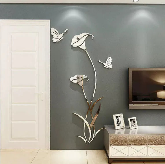 Lily flower 3D acrylic wall sticker in pink colour applied to a white wall
