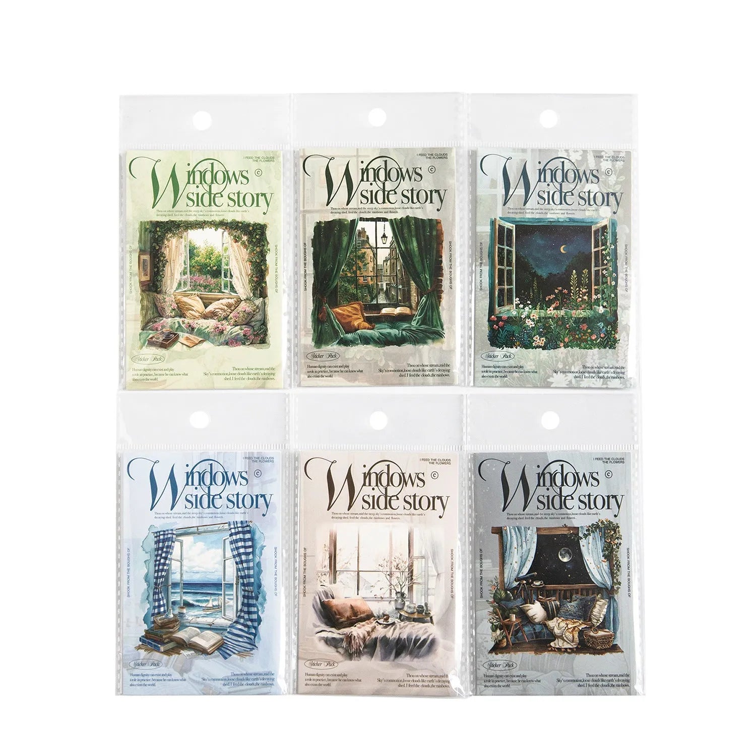 Set of six retro-themed window scene decorative stickers for journals, including seaside and garden designs.
