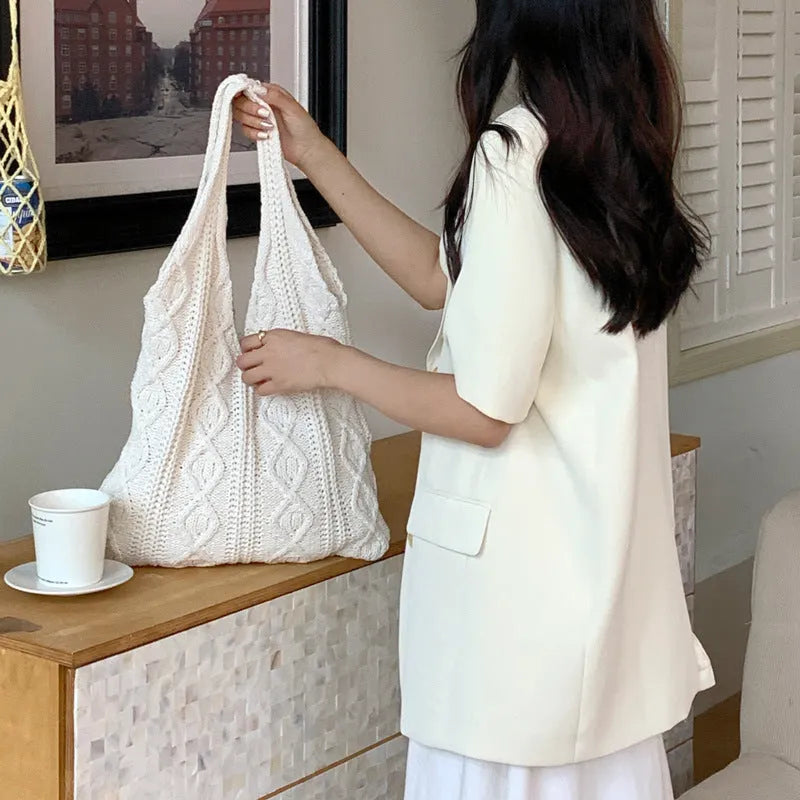 Retro hollow knitted women's shoulder tote bag with double straps in solid colour
