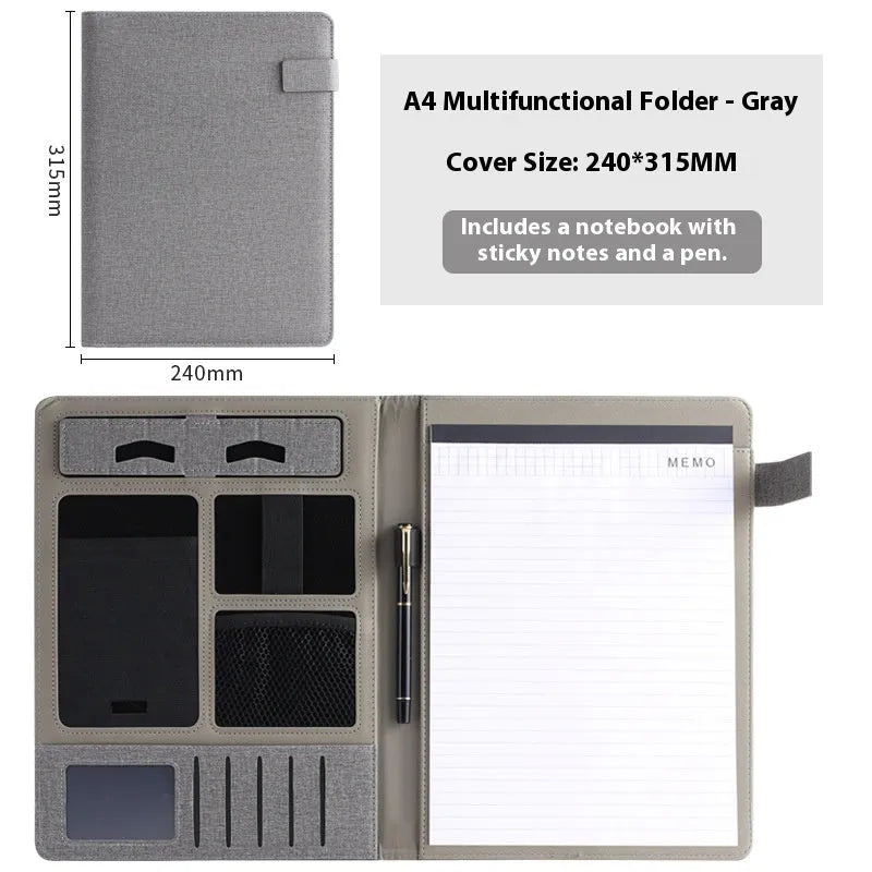 Leather A4 business folder in black colour showing pen holder and notepad configuration