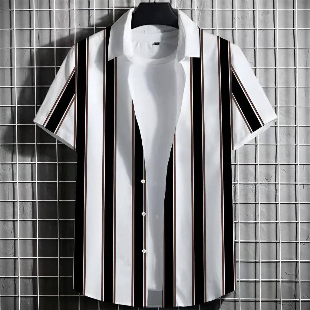 Man wearing a lightweight striped linen T-shirt with a 3D printed design.