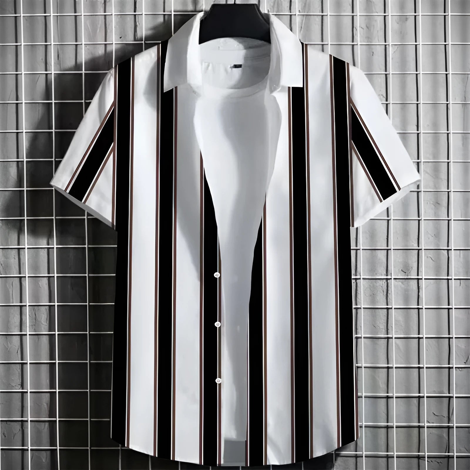 Man wearing a lightweight striped linen T-shirt with a 3D printed design.