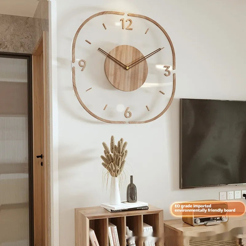 Square transparent wooden frame wall clock measuring 35x35cm with modern design