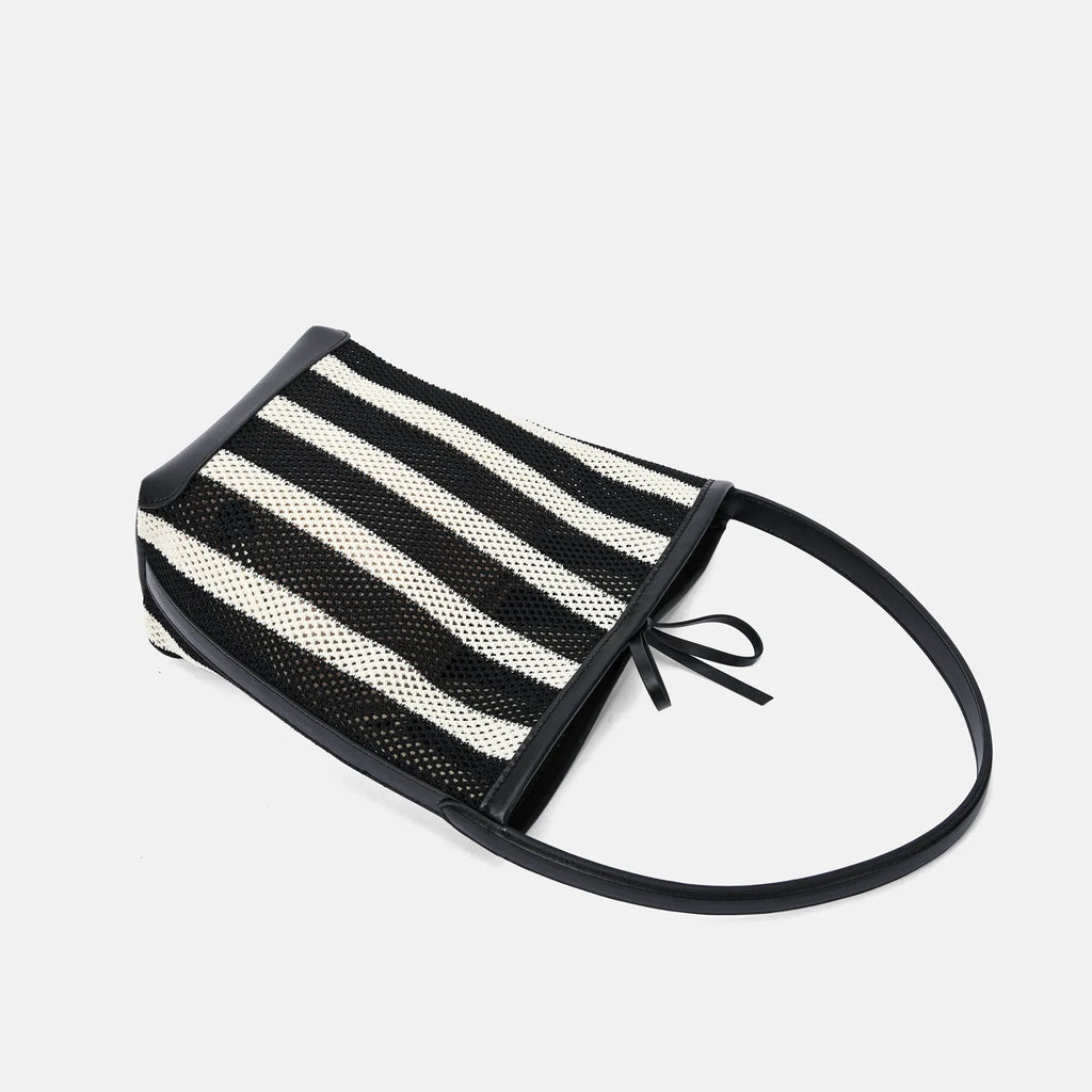 Women's soft woven fabric shoulder bag, black and white stripes, bucket shape, 28x18x13 cm
