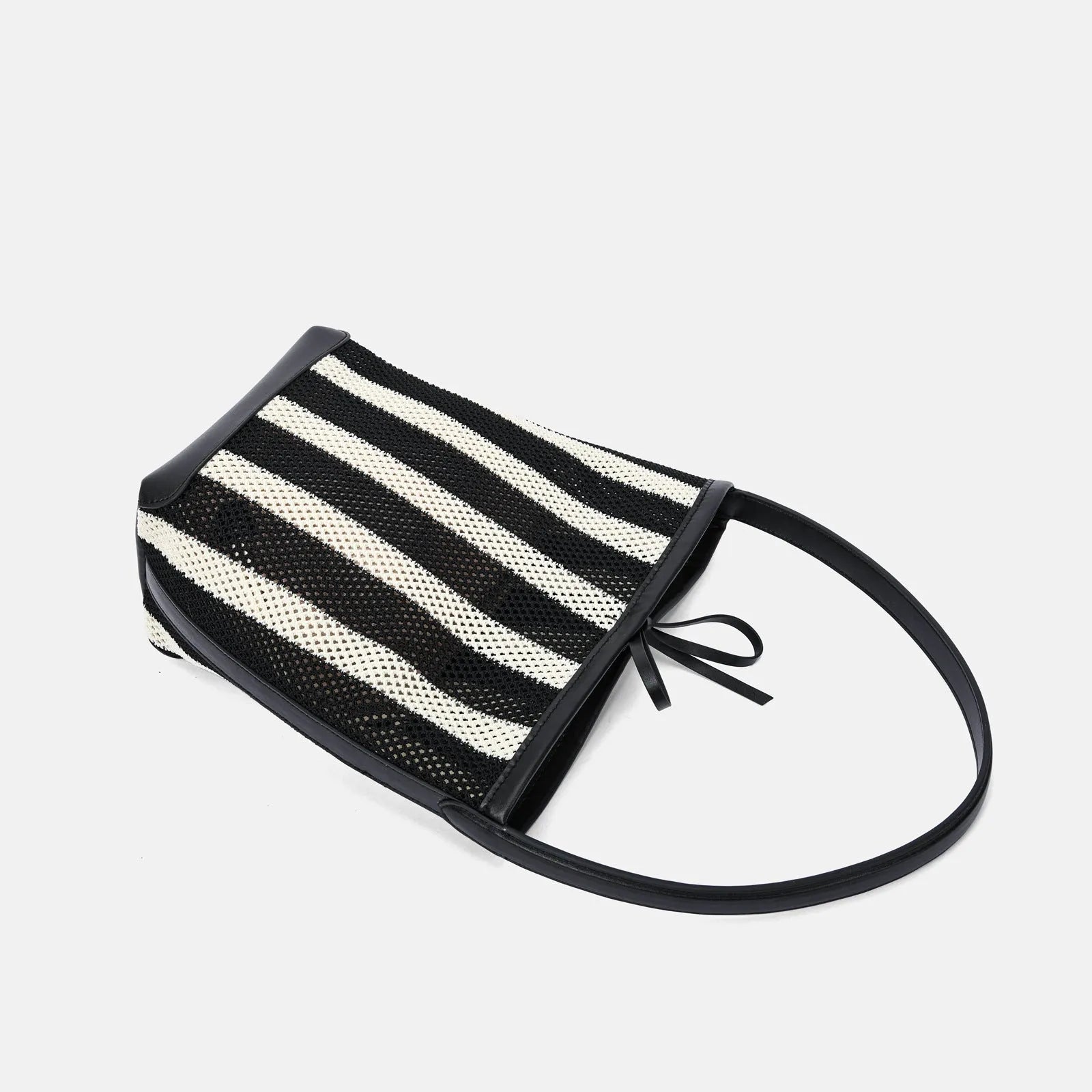 Women's soft woven fabric shoulder bag, black and white stripes, bucket shape, 28x18x13 cm