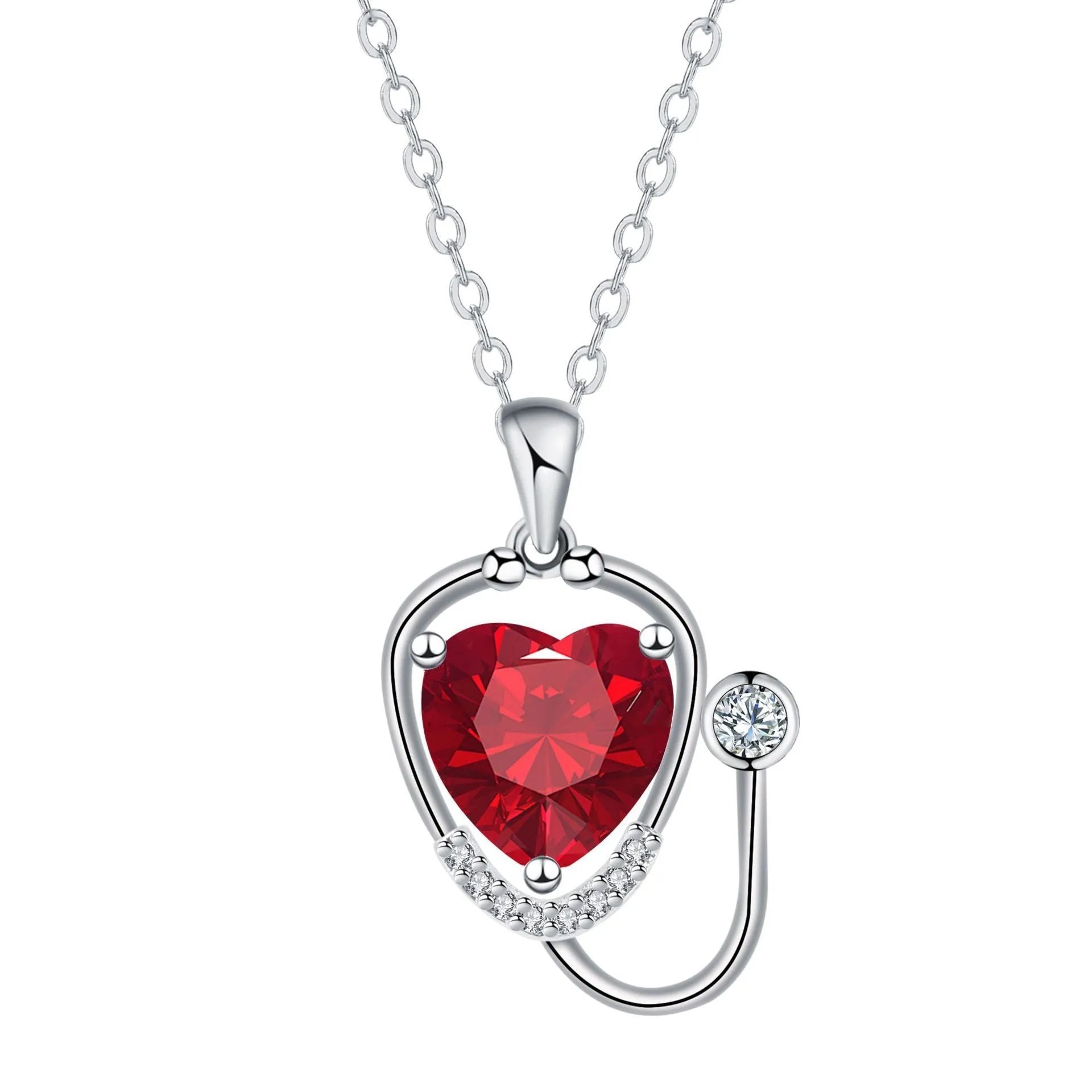 Women's fashion necklace with wings cross stethoscope pendant in red diamond colour