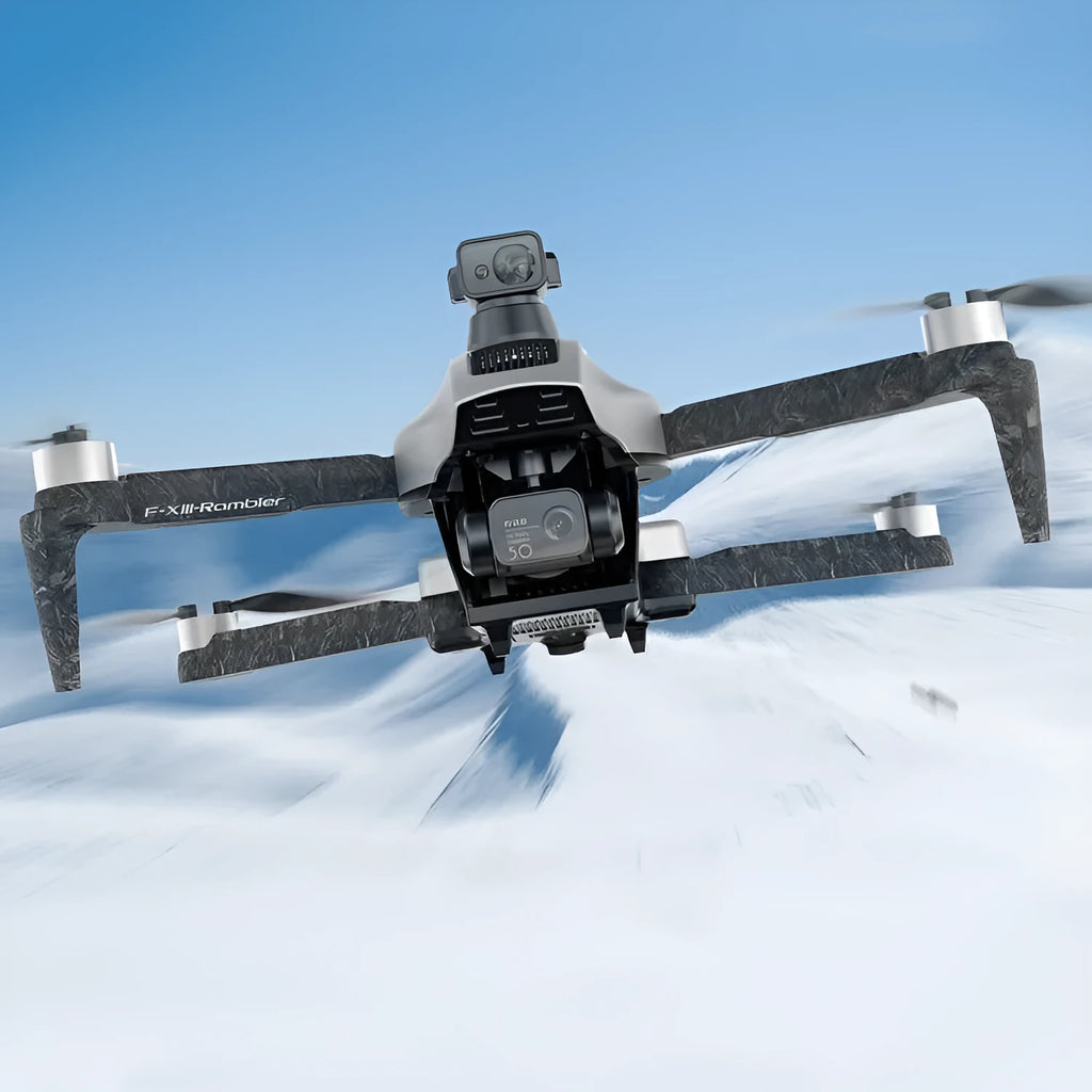White folding quadcopter drone with camera, remote control, flight batteries, and shoulder bag.