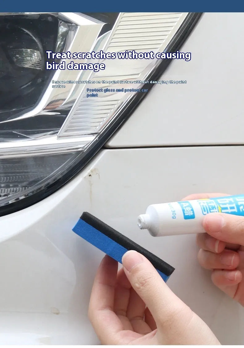 Car repair wax kit containing A Wax for scratch removal, B Wax for polishing, and frosted sponge mop