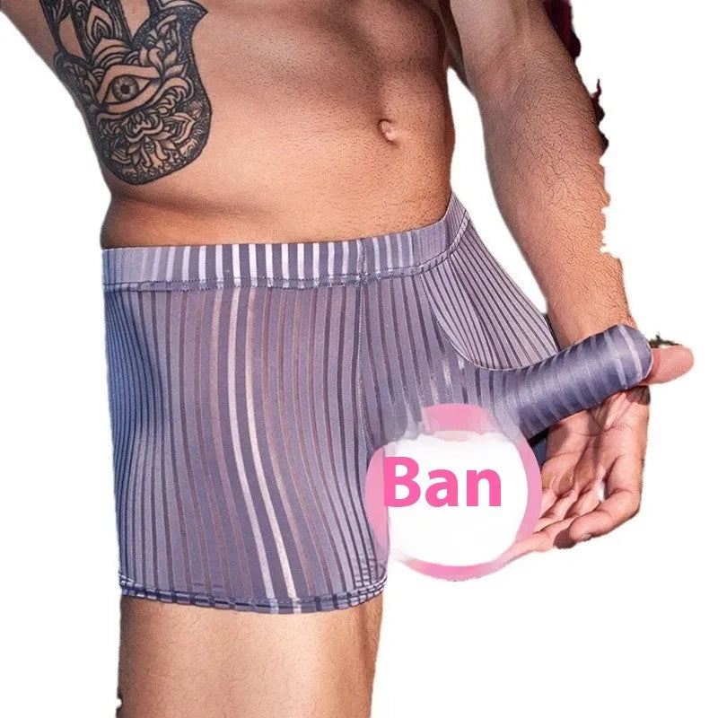 Men's black vertical stripe underwear showing elastic waistband and breathable nylon fabric