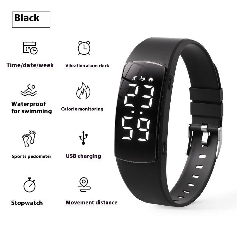 Vibration alarm waterproof electronic watch with coloured silicone strap and LED display.