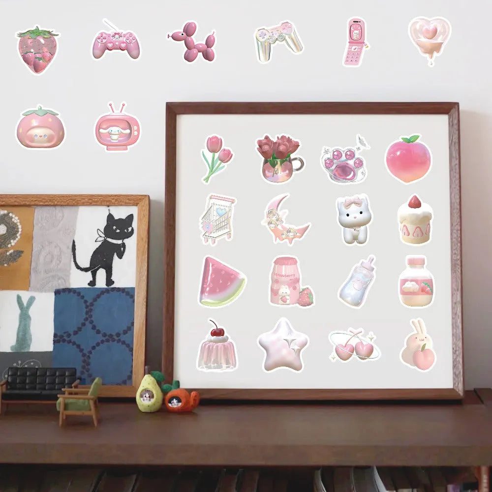 63-piece decorative sticker set with realistic 3D pink girl heart designs in two distinct patterns
