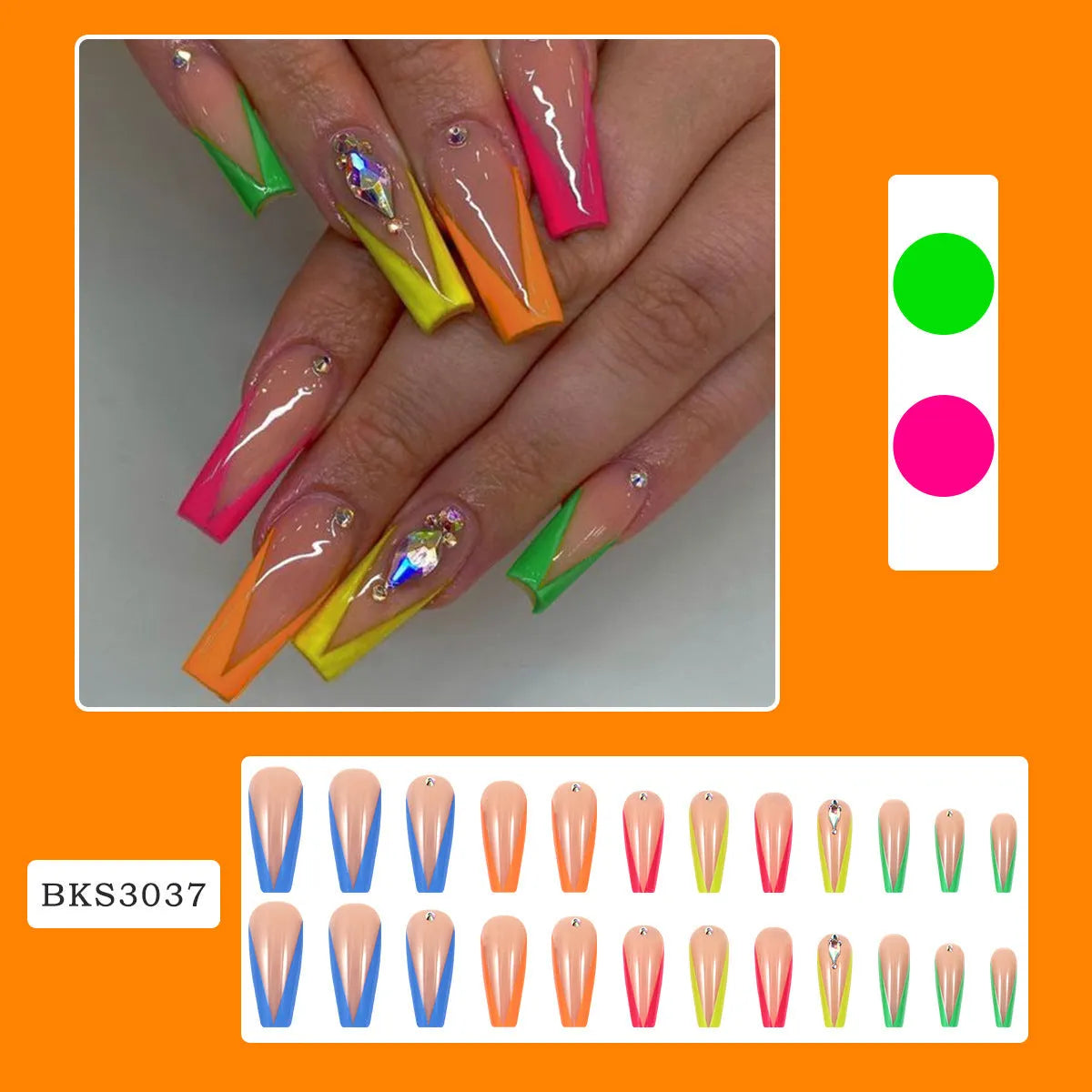 BKS3037 diamond colour French nail tips with cartoon love cross heart pattern design
