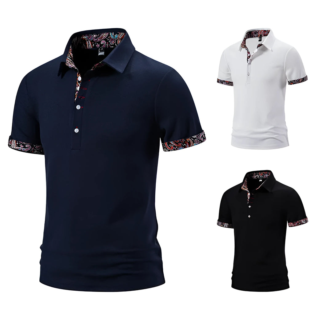 Men's cotton blend polo shirt in navy blue with short sleeves and turnover neck.