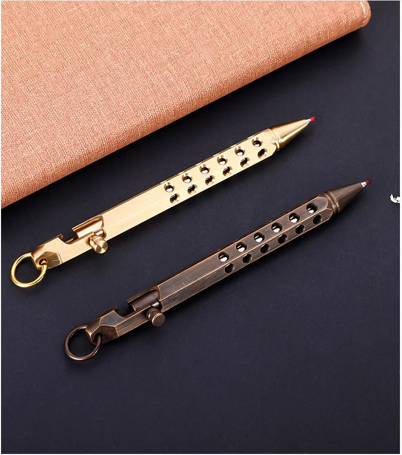 Brass hexagonal bolt pen showing six-sided barrel and bolt detailing with 0.5mm rollerball tip
