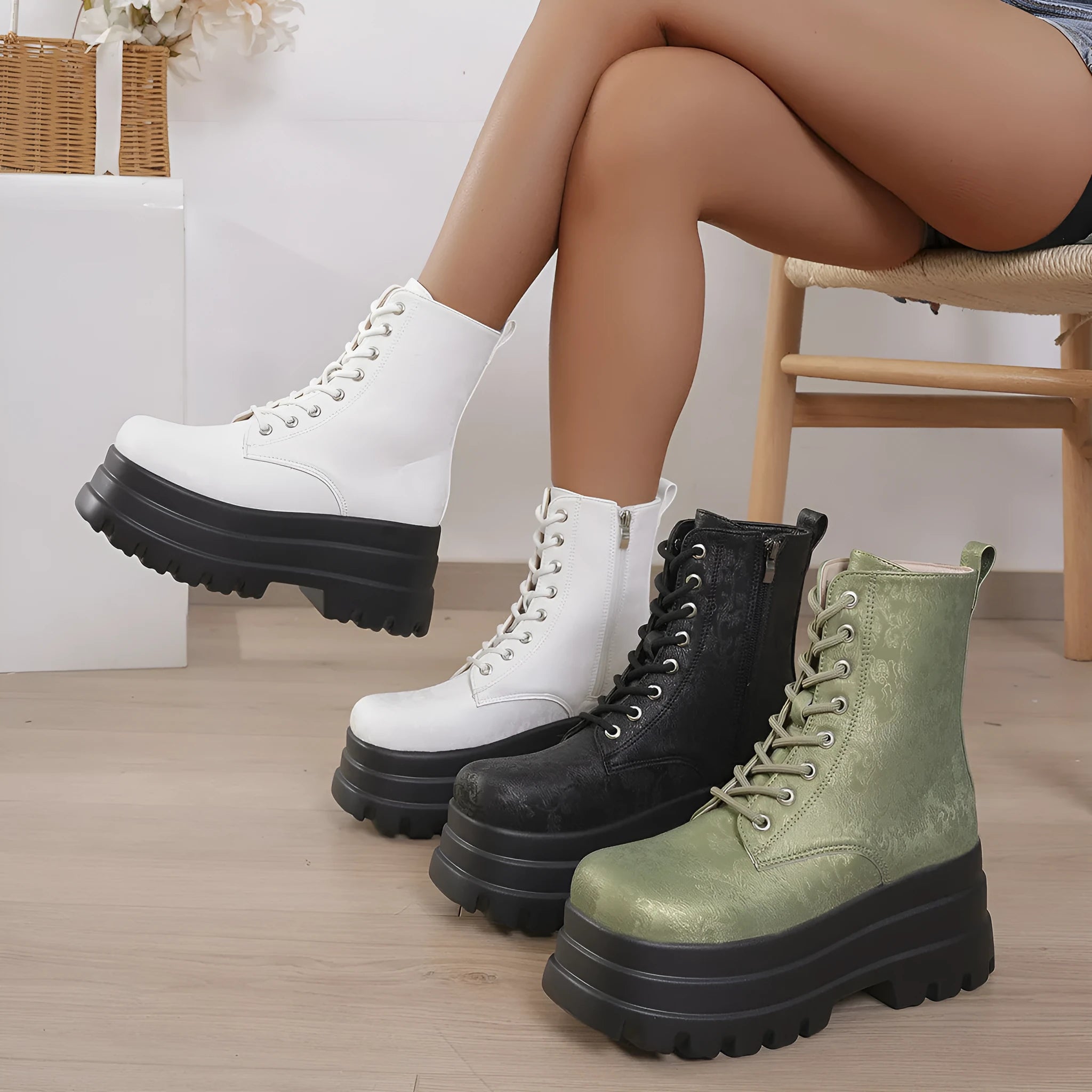 Women's black retro platform boots with chunky heel and side zipper
