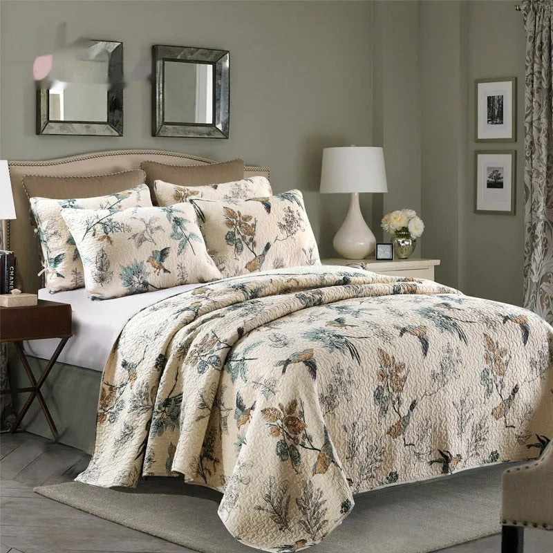 Cotton quilted bed cover three-piece set with printed pattern for 1.5-1.8 metre beds