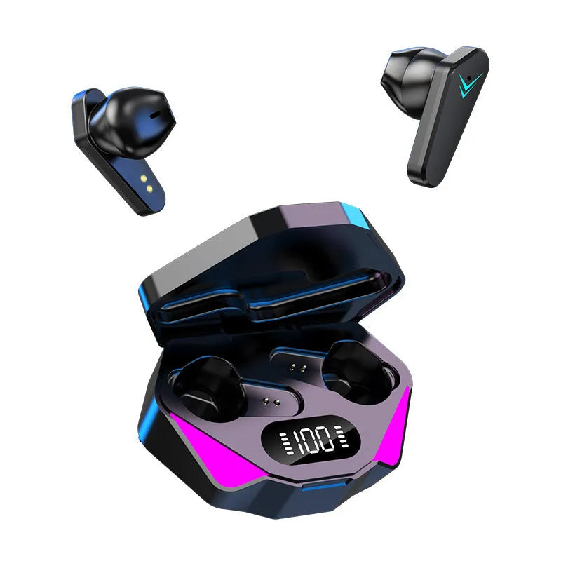 X15 Black wireless in-ear Bluetooth gaming headphones with charging case and cable