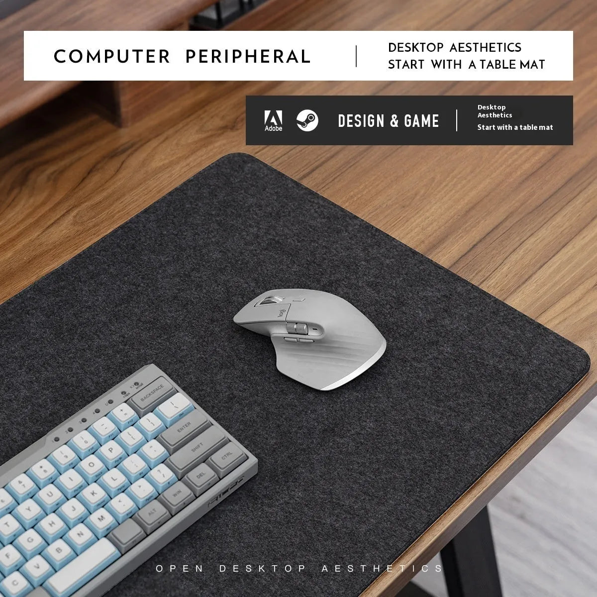 Oversized felt and cork office mouse mat showing black grey colour option on desk